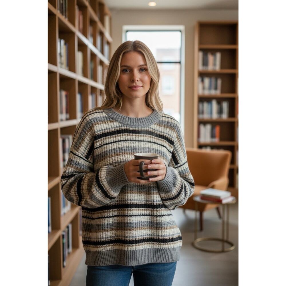 Melrose and Market Women Striped Sweater Size L Chunky Knit Streetwear Neutral